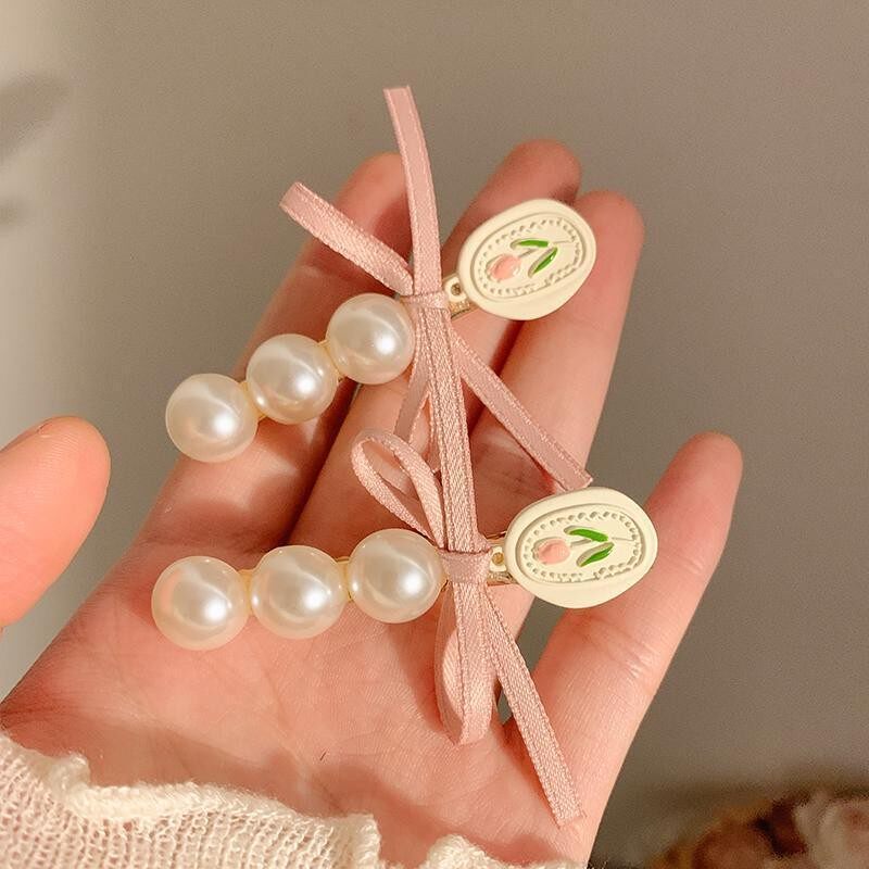 春日有约~郁金香珍珠蝴蝶结发夹女刘海侧边夹子超仙花朵发卡头饰