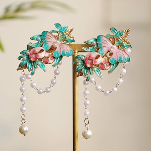 烧蓝发夹蝴蝶花朵发夹汉服气质发饰流苏中国风旗袍边夹头饰配饰品