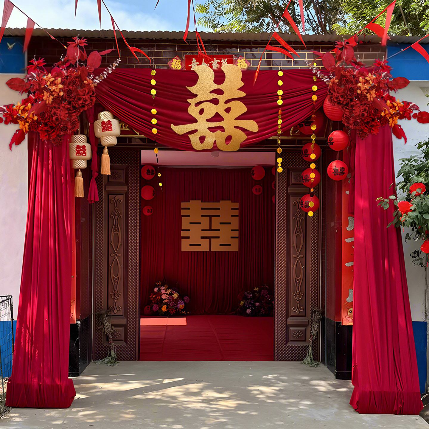 农村院子庭院布置自建房单元大门口婚房婚礼结婚装饰布幔全套用品