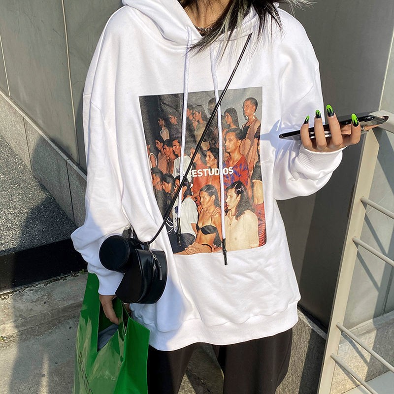 印花连帽薄套头卫衣女秋冬版韩宽松美式炸街款袖外FTR套长上衣服