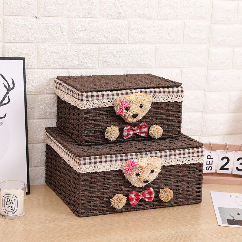 2025桌面可爱创意收纳整理箱带盖草编玩具零食化妆品收纳盒布艺收