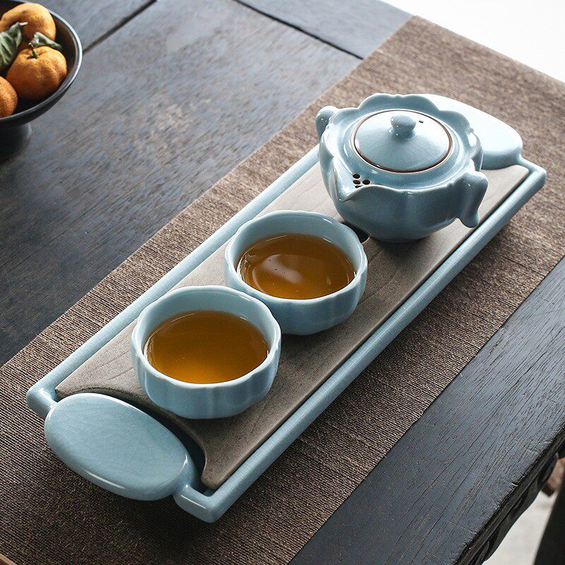 汝窑快客杯家用功夫茶具开片一壶两杯复古陶瓷干泡盘手抓壶套装