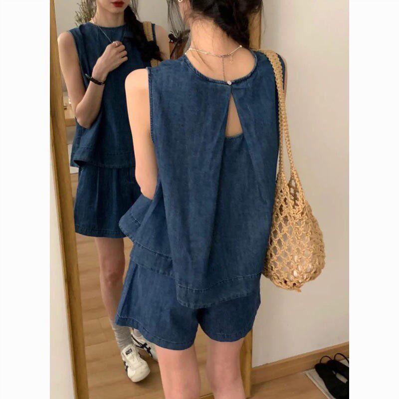 新小个子穿搭一整套女夏装镂空设计感牛仔背心上衣短裤两件套装