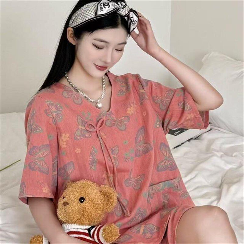春夏季睡衣带兜双层纱全棉新中式国风女士短袖短裤家居服套装1060