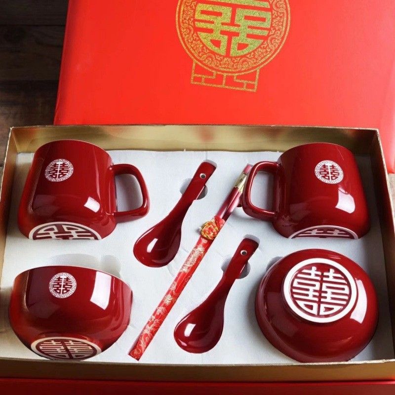 结婚敬茶杯套装喜碗改口喜杯婚庆礼盒装婚礼陪嫁茶具用品对碗大全