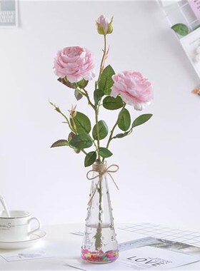 速发仿真花玫瑰假花小盆栽摆件透明玻璃雨点花瓶摆设酒店餐厅室内