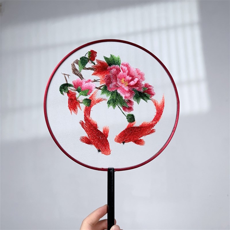 速发年年有余锦鲤团扇苏绣双面刺绣团扇古风汉服旗袍走秀舞蹈宫扇