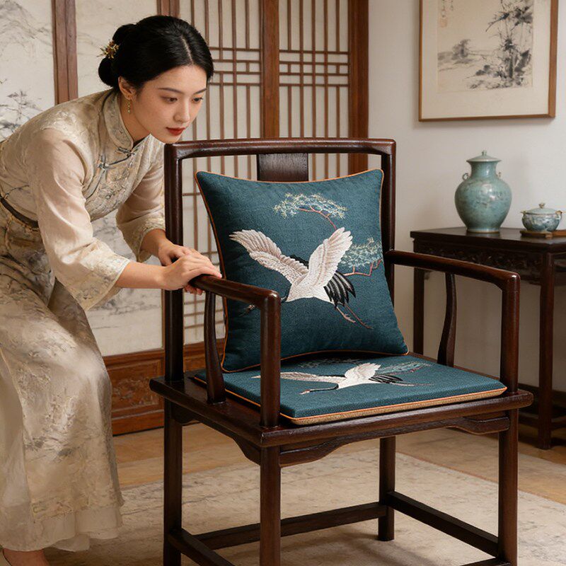 速发中式麻布刺绣垫子茶椅垫红木沙发垫坐垫凳子防滑垫太师椅垫圈