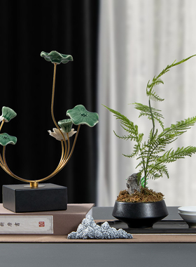 速发新中式花件桌面轻奢客厅摆荷艺花玄关茶室高端禅意样板房软装