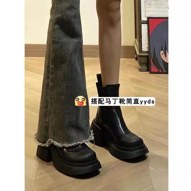 速发黑灰色毛边码牛仔裤大微裤子高腰复地拖古阔腿长裤