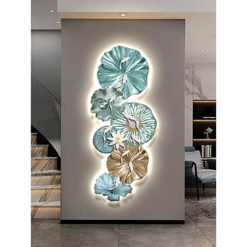 门新中荷叶九鱼式九鱼玄图关装画饰LED灯画福字入户客厅正对壁画