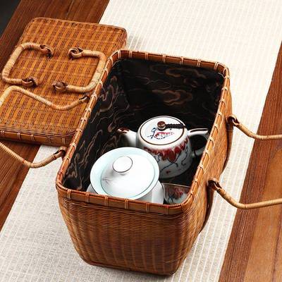 手工竹编便携茶FPI箱道茶具收篮纳包中式复古提女士手提竹茶编包