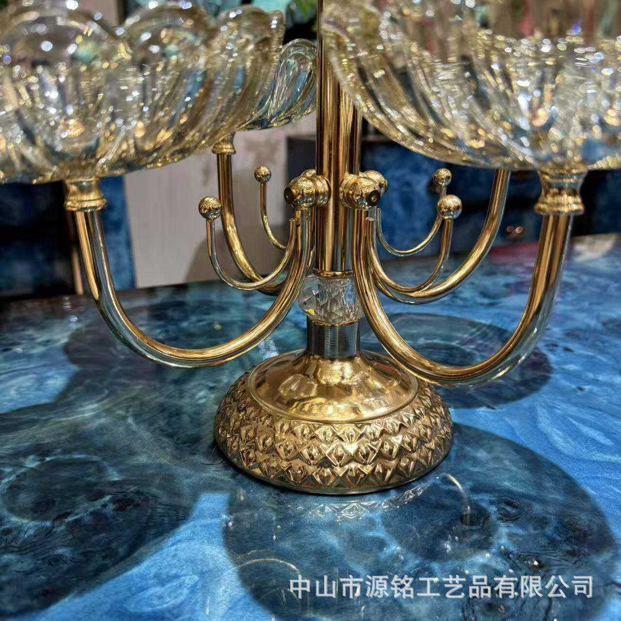 轻奢高档家居代厅茶几0090水晶分玻璃金属客电镀果盆现创意层旋转