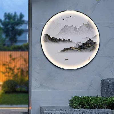 太阳能中式户外壁灯别墅花园庭院灯室外防水圆形影壁墙景观壁画灯
