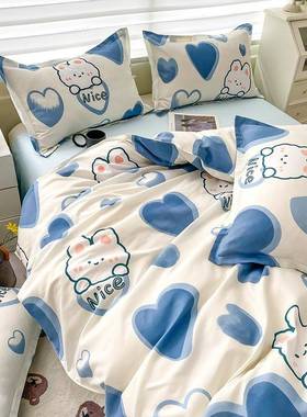 新款芦棉印花荟四件套系芦荟棉四列通学生舍被套亲肤宿磨毛被卡罩