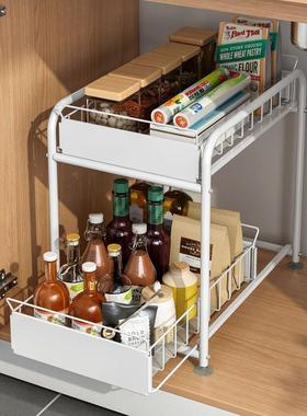 NRB厨房置分下水槽物调架伸缩推拉抽XIQ屉台面橱柜层料架卫生间收