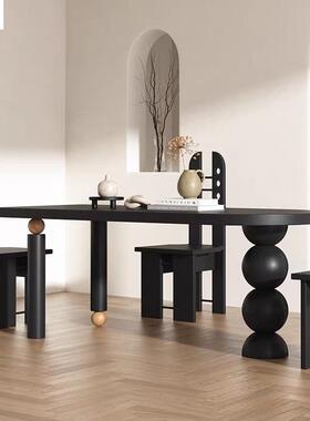 实木餐桌法式复古半YDF圆形设长方形家用中风黑色饭纯桌计师大书