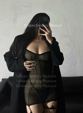 SensoryPleasure高级感设计性感透视网纱修身无钢圈连衣短裙PU皮