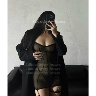 SensoryPleasure高级感设计性感透视网纱修身无钢圈连衣短裙PU皮