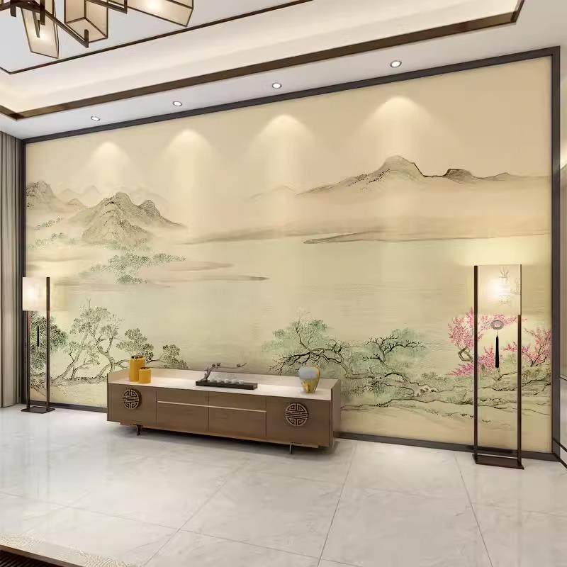 古典中式水墨山水墙布书房茶室客厅电视背景墙壁画定制沙发墙壁纸