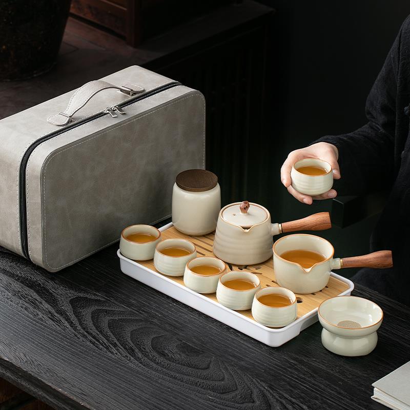 便携式汝窑旅行茶具套装简易茶盘随车陶瓷中式户外家用泡茶壶茶杯