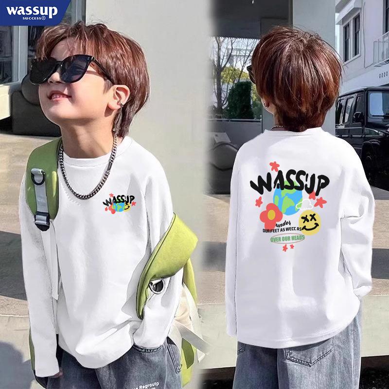 wassup潮牌涂鸦休闲儿童长袖t恤2025新款春秋季白色男女童打底衫