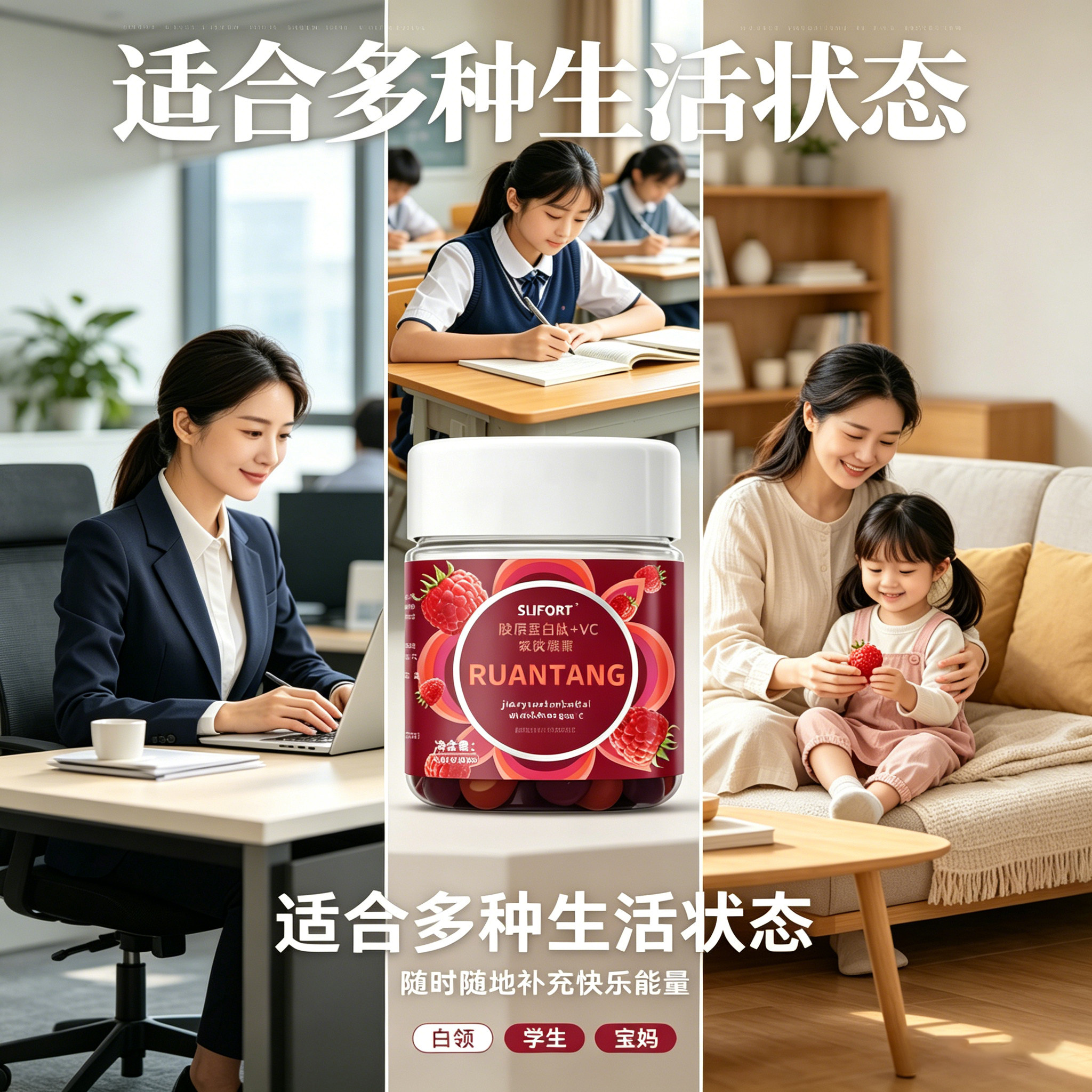 胶原蛋白肽VC维生素C软糖莓果味30粒加班熬夜急救好气色咀嚼糖
