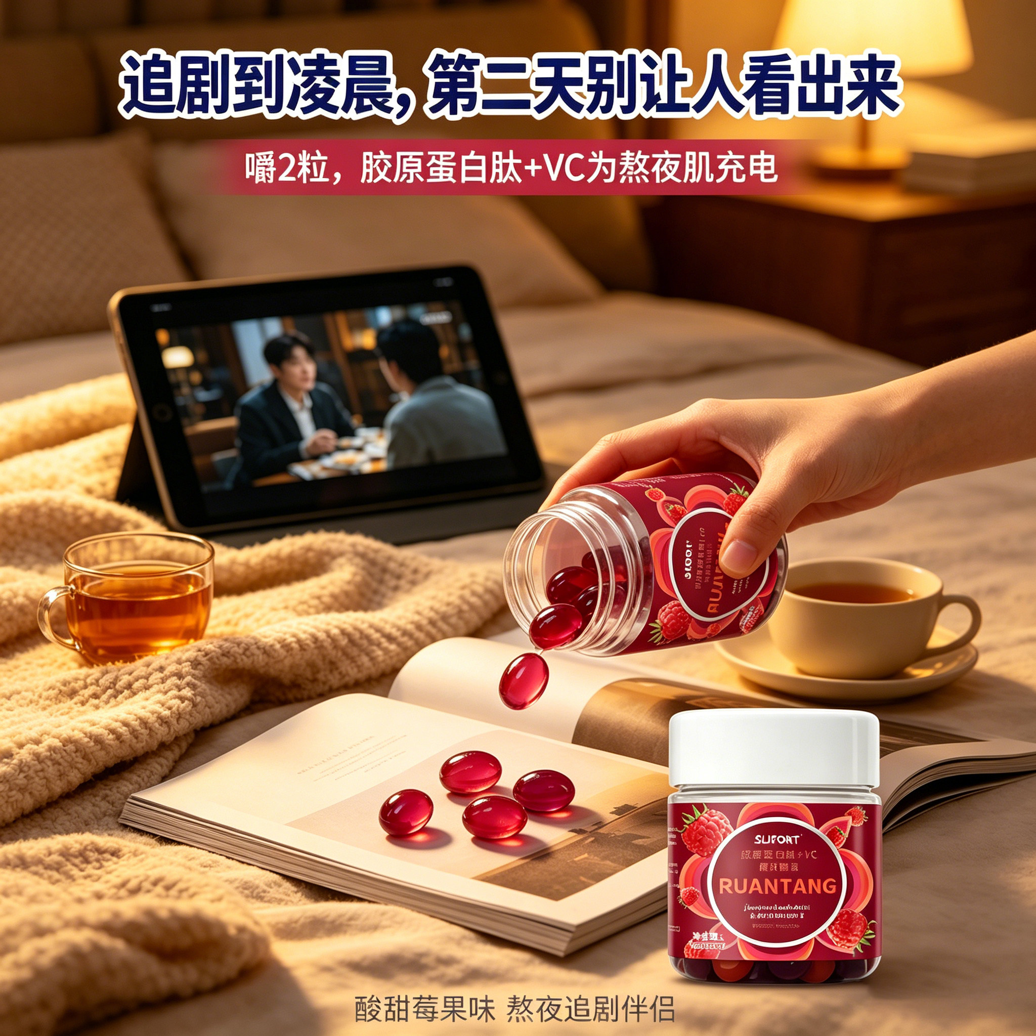 胶原蛋白肽VC维生素C软糖莓果味30粒熬夜追剧黑眼圈养护咀嚼糖