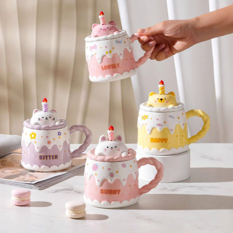 可爱蛋糕蜡烛杯带盖带勺卡通动物造型马克杯家用早餐陶瓷牛奶杯子,餐饮具,马克杯,淘宝优惠券,粉丝福利购,淘宝优惠卷