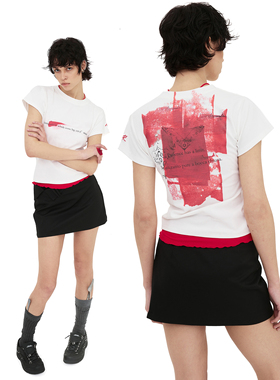 RIP THE TIE白色原创印花T恤正肩修身显瘦短袖 红色印花图案白T