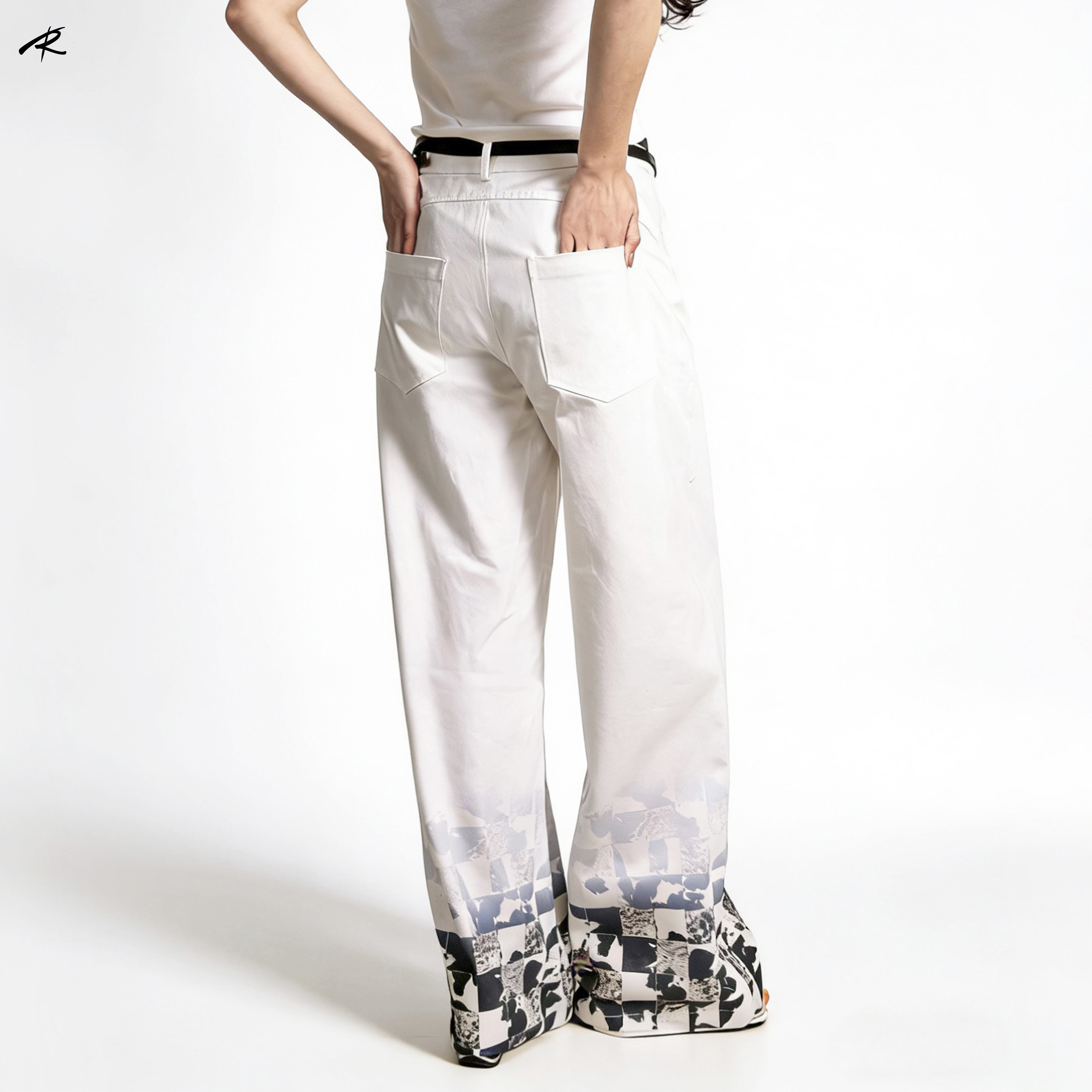 RIP THE TIE 原创白色格子印花牛仔休闲裤春夏百搭设计感直筒裤