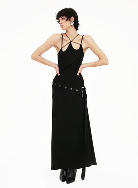 RIP THE TIE 假两件百搭黑色连衣裙 显瘦显高 腰带与交叉绑带设计