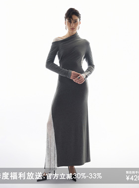 RIP THE TIE秋冬气质优雅高智感灰色连衣裙 斜肩蕾丝拼接弹力长裙