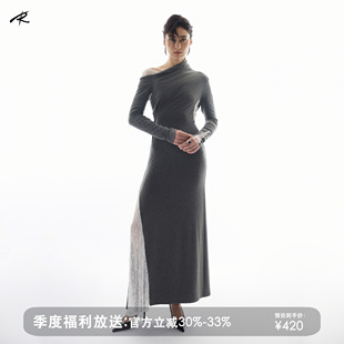 斜肩蕾丝拼接弹力长裙 TIE秋冬气质优雅高智感灰色连衣裙 RIP THE