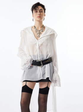 RIP THE TIE【明星同款】白色轻薄蕾丝衬衫法式荷叶边防晒上衣