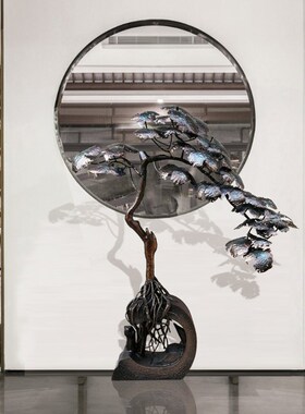 简约酒店新中式金属招财迎t客松落地摆件客厅玄关铁艺松树装饰雕