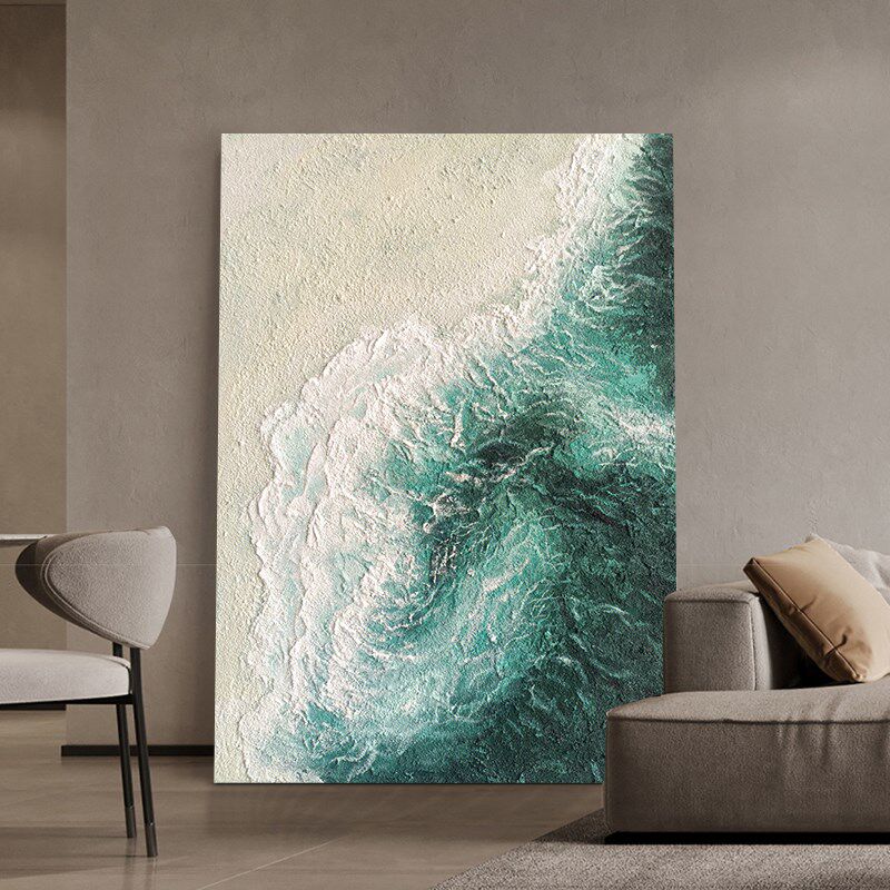 石英砂绿色海浪手绘油画意式极简沙滩装饰L画客厅玄关砂岩肌理挂