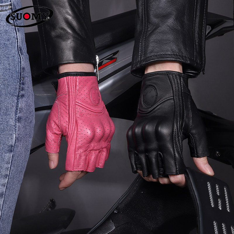 夏季复古摩托e车半指真皮手套男女款S码机车骑行骑士防摔透气装备