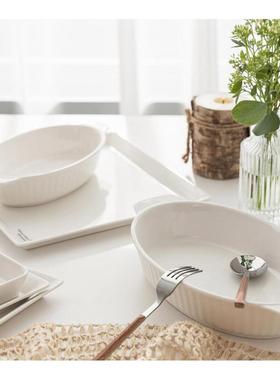 纯白条色纹椭圆陶瓷烤碗用烤盘古质感焗饭盘70620双家耳早餐盘沙