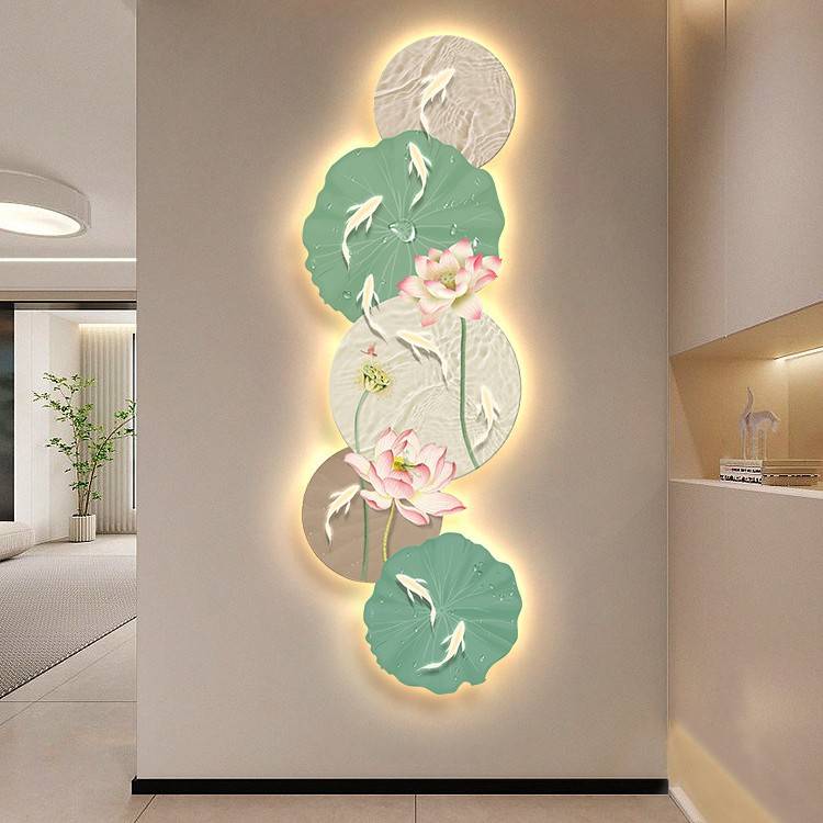 荷花九鱼图玄关装饰画新中式走廊尽头装饰led灯画客厅正对门壁画图片