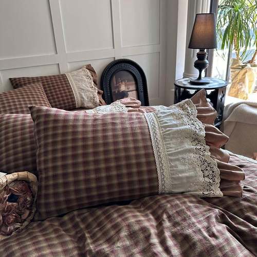 法风格子纯棉水蕾洗棉花边丝四套件公AFG主风床裙单款全床棉床品