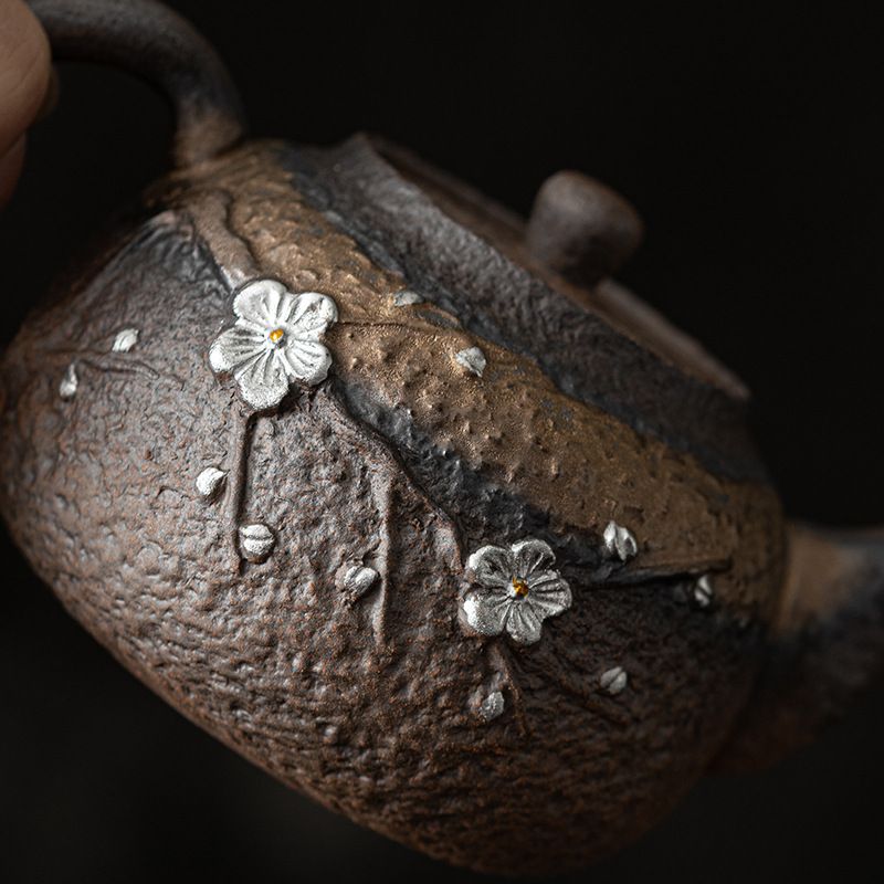 设计款粗陶茶壶手工鎏金鎏银泡茶器国风陶瓷功夫茶具泡茶壶小单壶