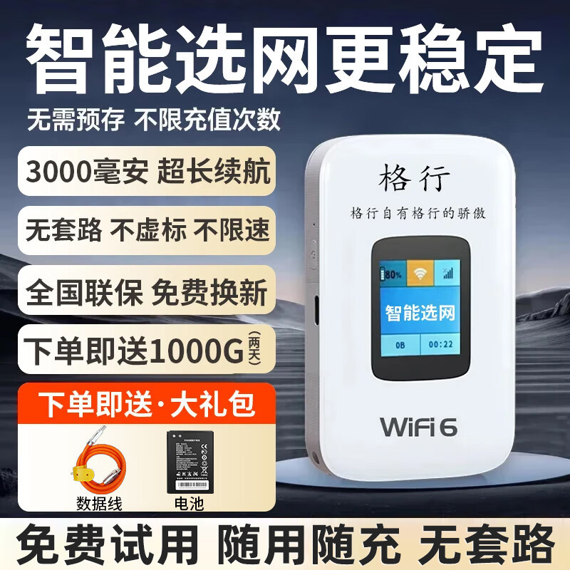 【罗永浩推荐】格行随身wifi6官方正品2026新款便携式无线WiFi免插卡高速车载路由器无线网卡带有屏幕彩屏款