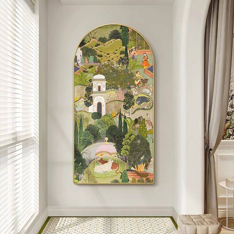 法式入户玄关装饰画复古花鸟拱形壁画轻奢奶油风走廊过道竖版壁纸图片