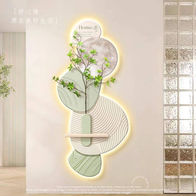 奶油风入户玄关装饰画创意走廊尽头壁灯画立体肌理客厅正对门挂画图片