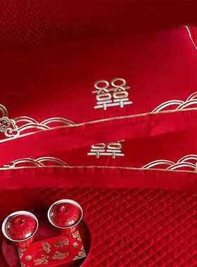 高档结婚喜庆大红色纯棉枕套一对装中式刺绣枕头套喜字全棉枕芯套