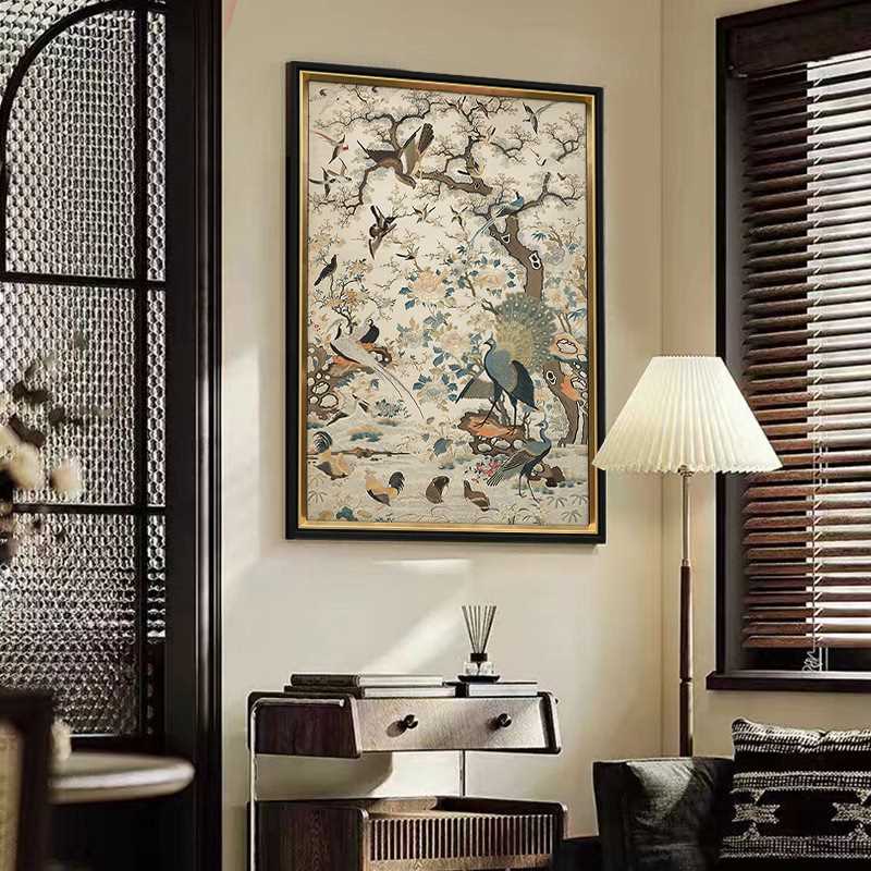 《花鸟祥和图》法式中古风餐厅装饰画新中式客厅挂画复古艺术国画