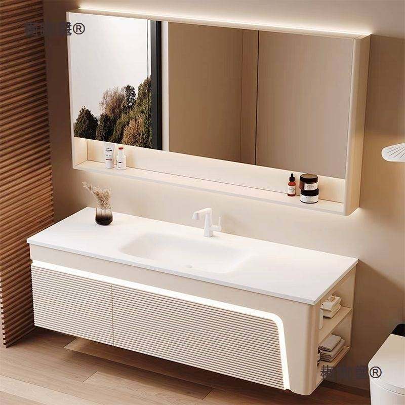 现代奶油风岩板热弯一体盆橡木烤漆浴室柜组合洗脸盆洗漱台麦太保