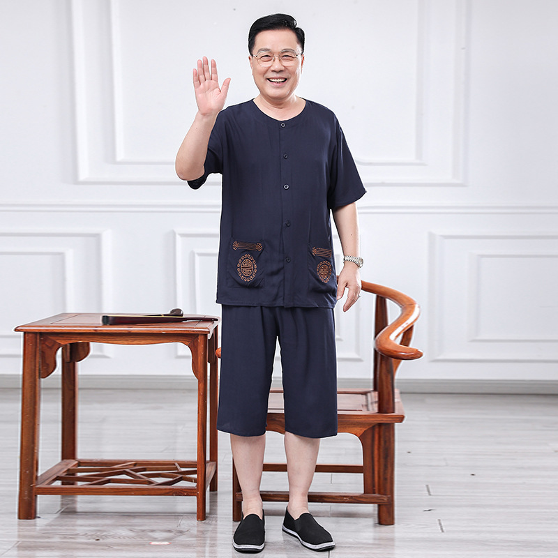 中老年男夏季休闲套装60岁70爸爸家居服绵绸短袖短裤开衫爷爷睡衣