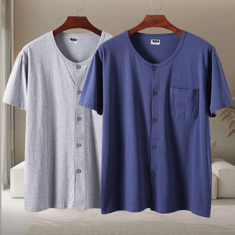 男士纯棉半袖开衫家居服单件上衣爸爸中老年睡衣套装汗布背心